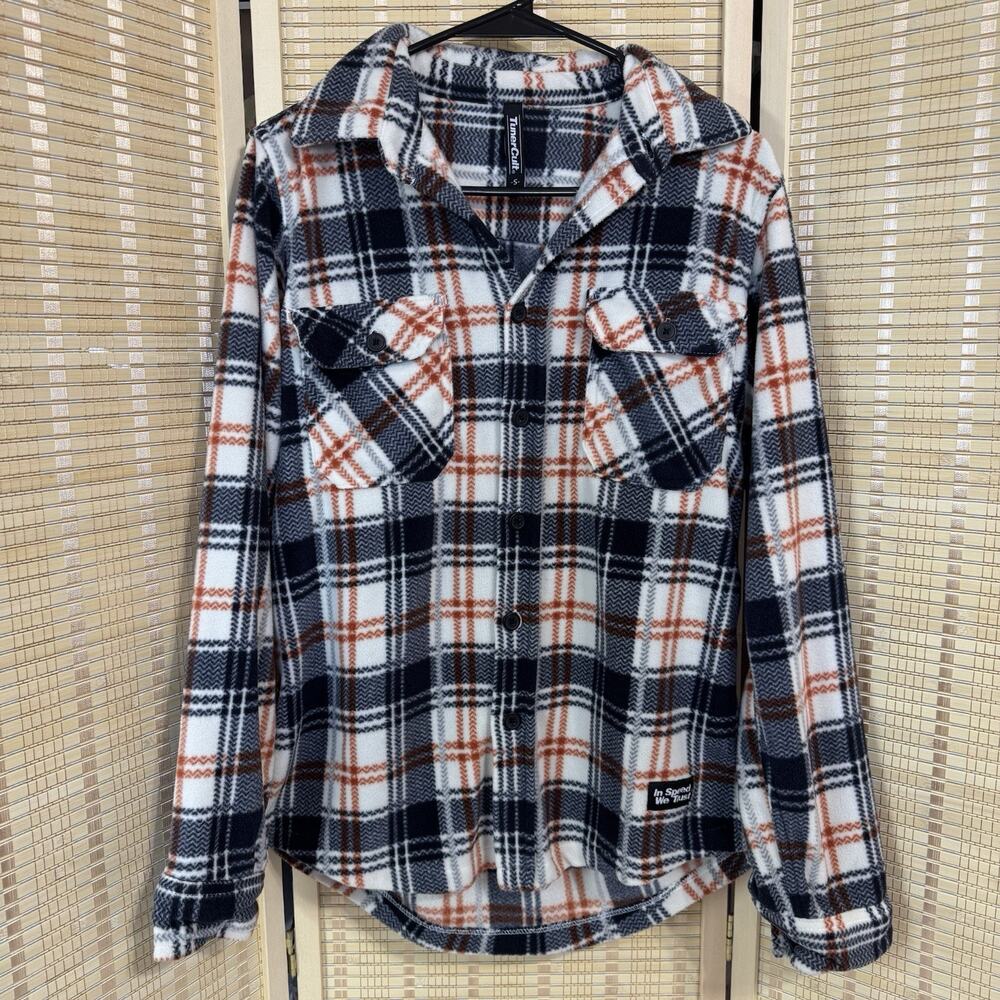 Tuner Cult Shirt Men's Size Small Blue Orange Plaid Fleece Collared Button Up